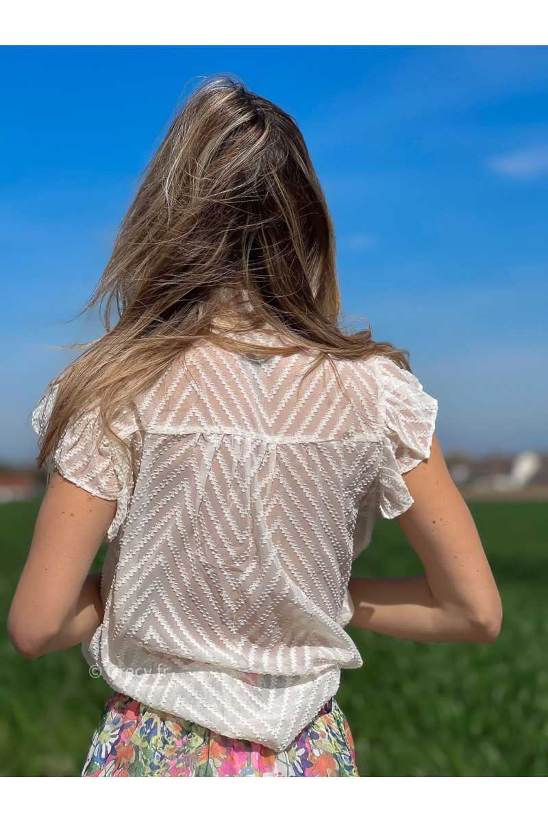 Blouse beige bohème épaules volants grecy été fluide légère