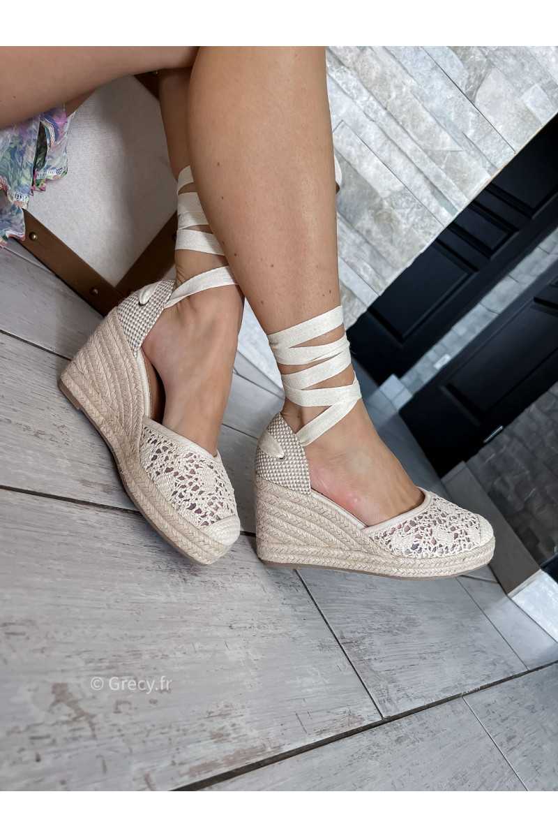 Chaussures sandales compensées plateforme macramé grecy corde cheville beige blanc