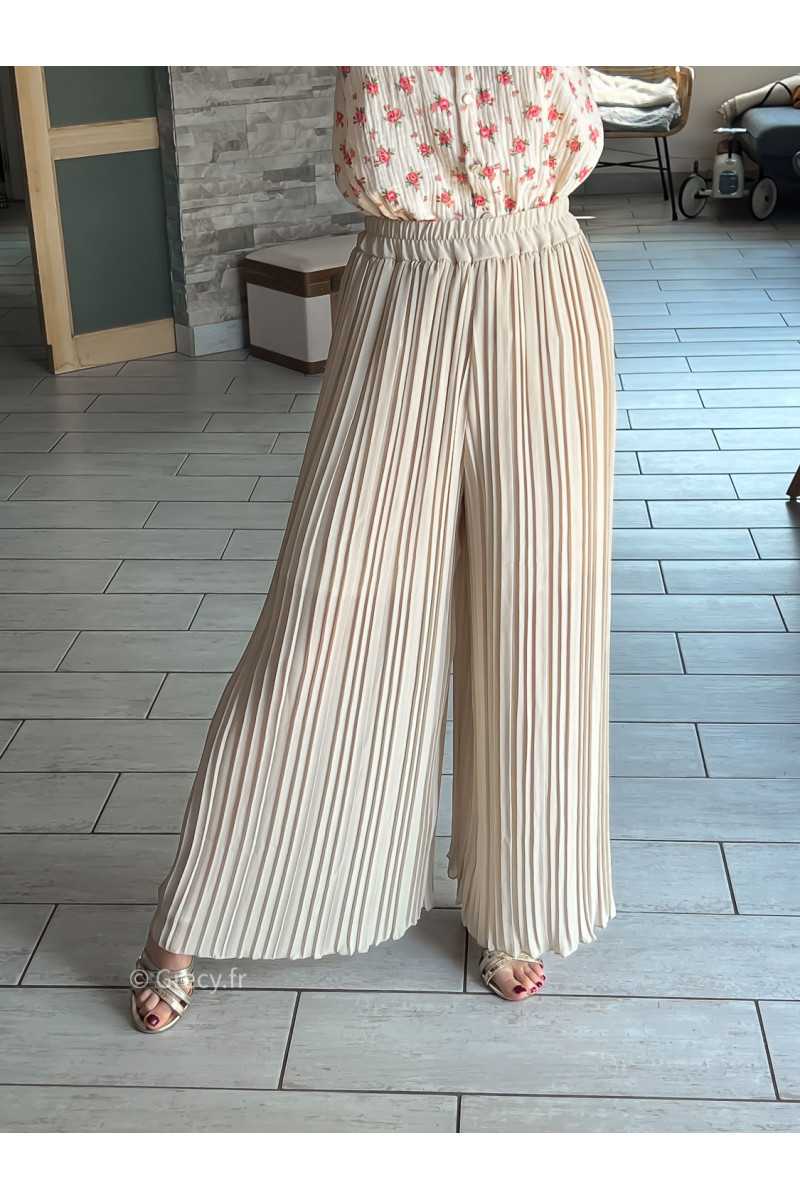 Pantalon plisse fluide beige taille elastique Couleur beige Taille Taille unique convient du 34 au 42