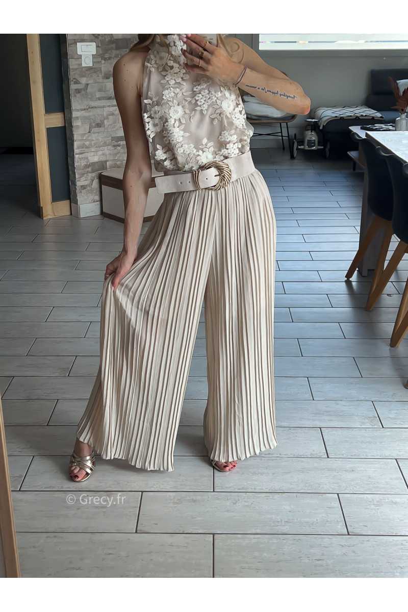 Pantalon plissé fluide beige grecy léger doublure habillé élégant cérémonie mariage