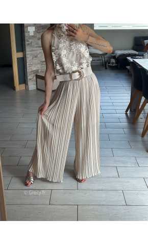 Pantalon plissé fluide beige grecy léger doublure habillé élégant cérémonie mariage