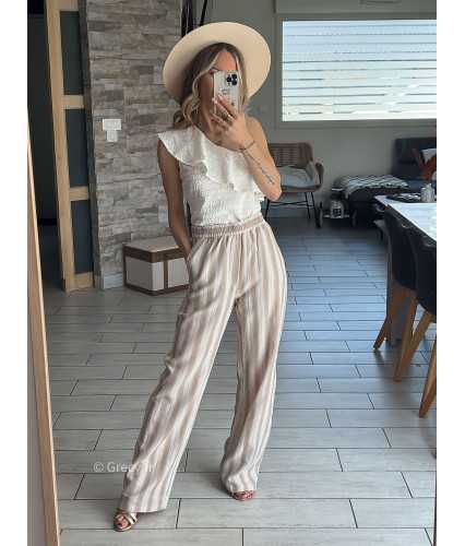 Pantalon large beige rayé coton lin rayures chic décontracté ceinture corde grecy Zara mango
