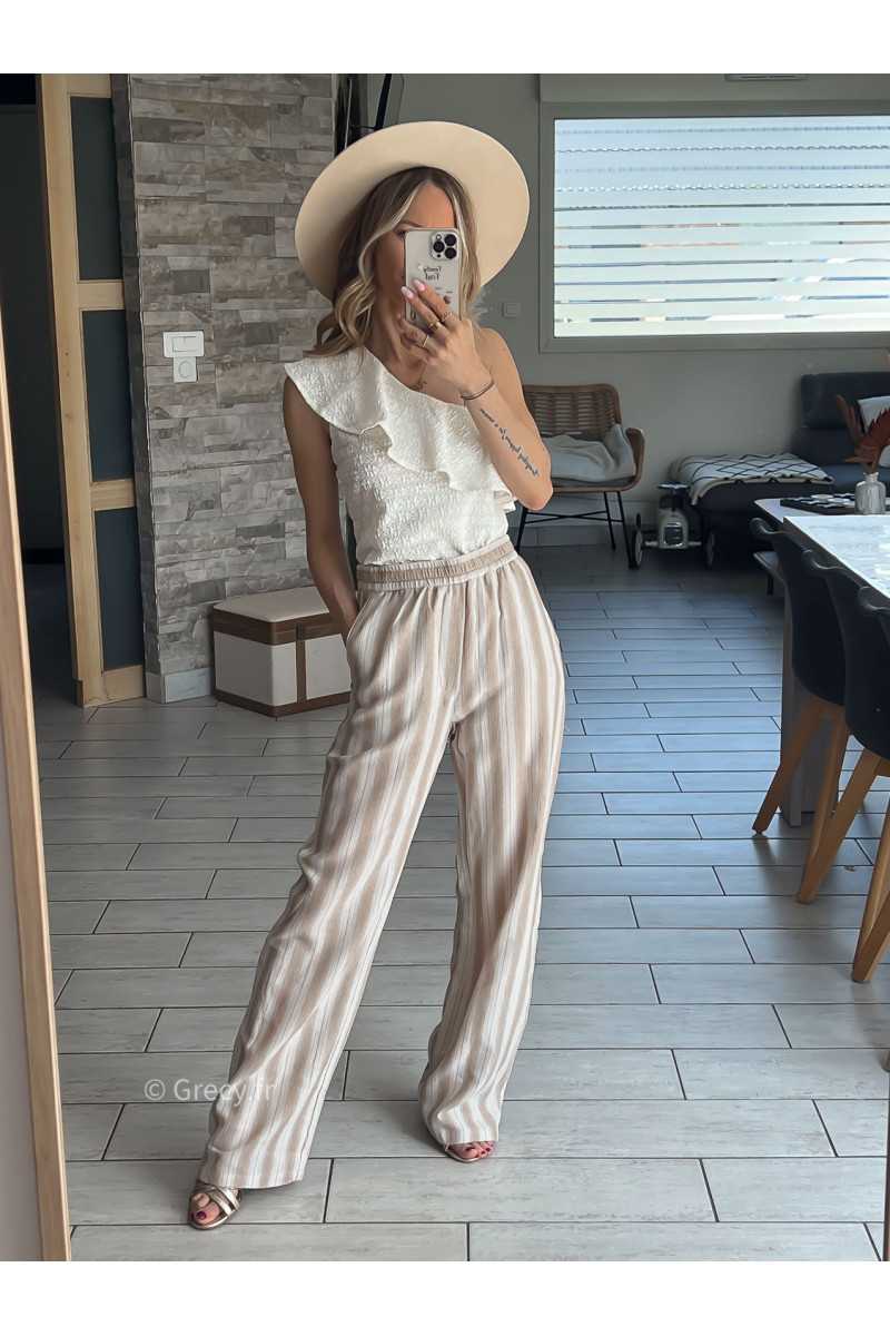 Pantalon large beige rayé coton lin rayures chic décontracté ceinture corde grecy Zara mango