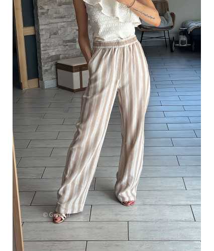 Pantalon large beige rayé coton lin rayures chic décontracté ceinture corde grecy Zara mango