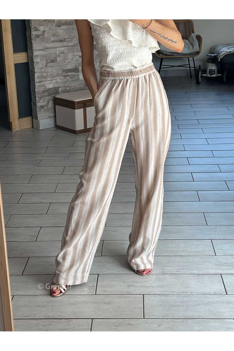 Pantalon large beige rayé coton lin rayures chic décontracté ceinture corde grecy Zara mango