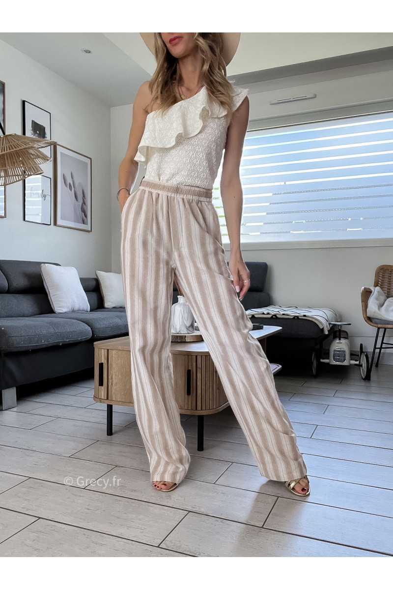 Pantalon large beige rayé coton lin rayures chic décontracté ceinture corde grecy Zara mango