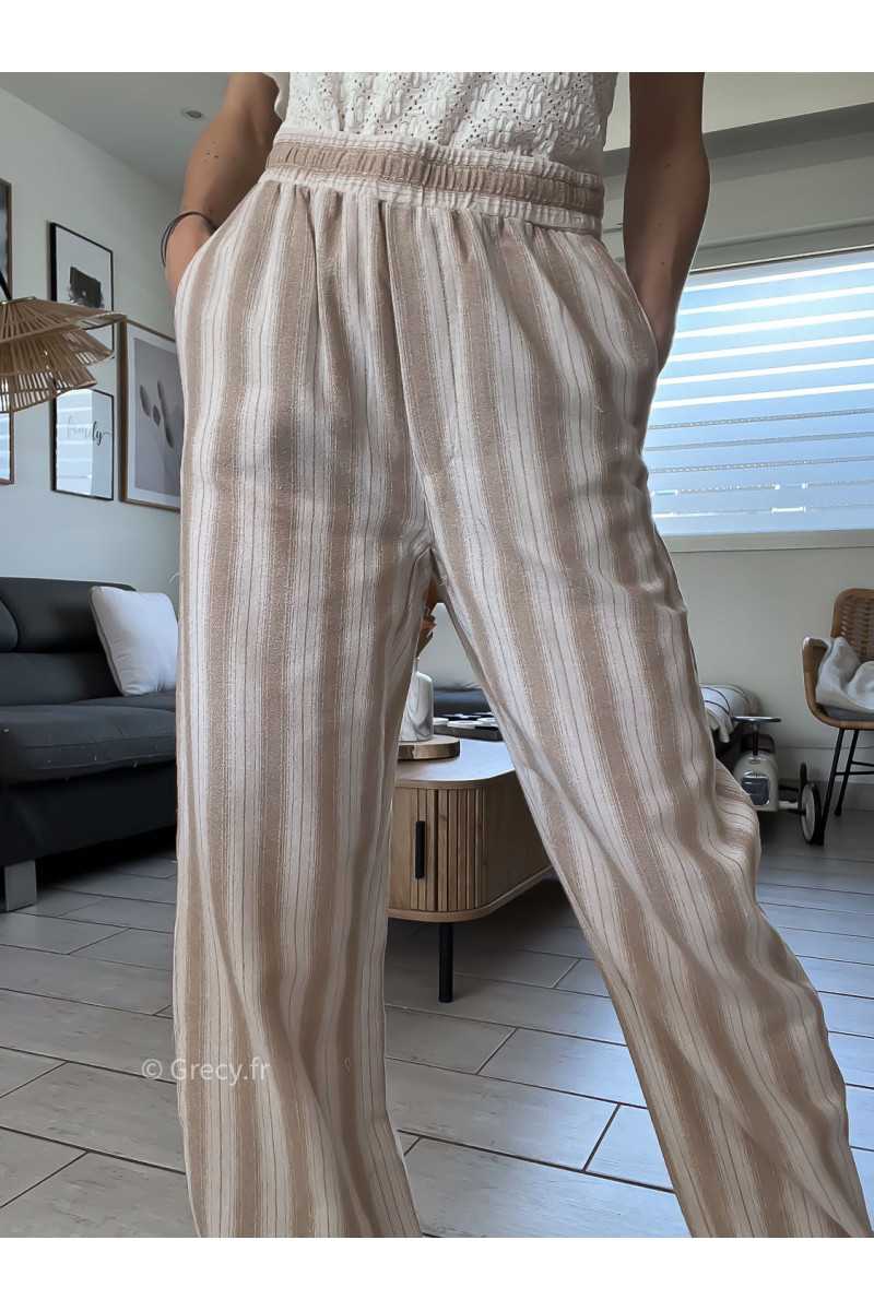 Pantalon large beige rayé coton lin rayures chic décontracté ceinture corde grecy Zara mango
