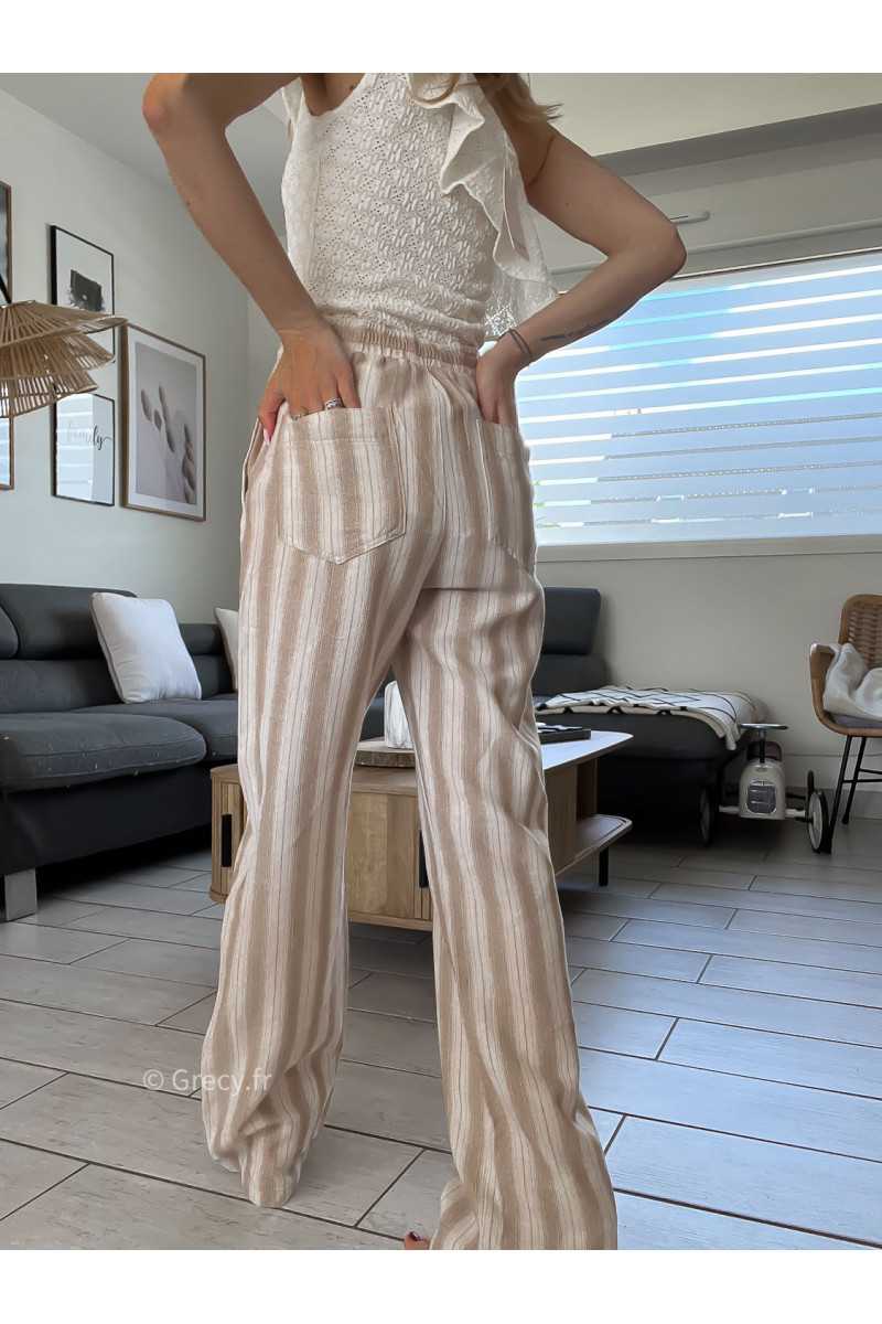 Pantalon large beige rayé coton lin rayures chic décontracté ceinture corde grecy Zara mango