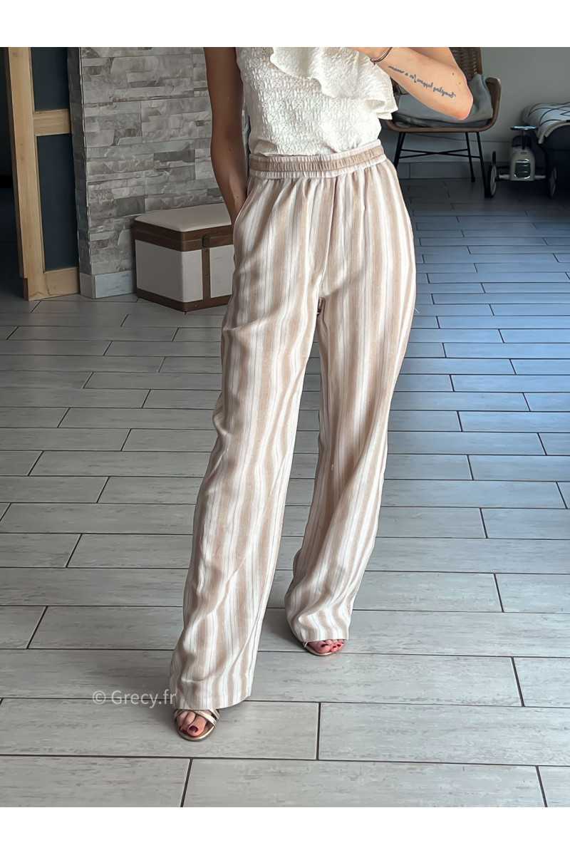 Pantalon large beige rayé coton lin rayures chic décontracté ceinture corde grecy Zara mango