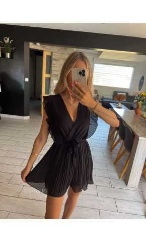 Combishort noir plissé grecy mode tendance été vacances fluide doublure ceinture volants