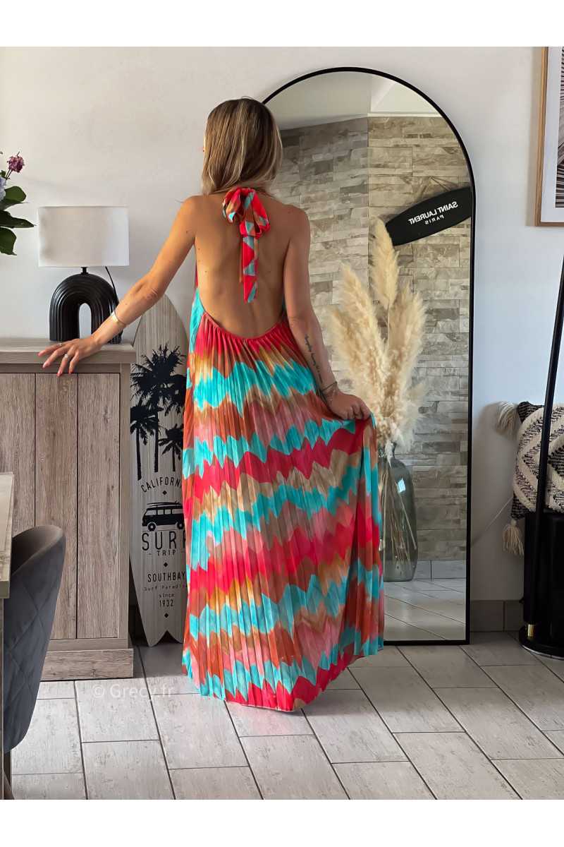 Longue robe colorée plissée zig zag dos nu mango zara grecy tendance mode