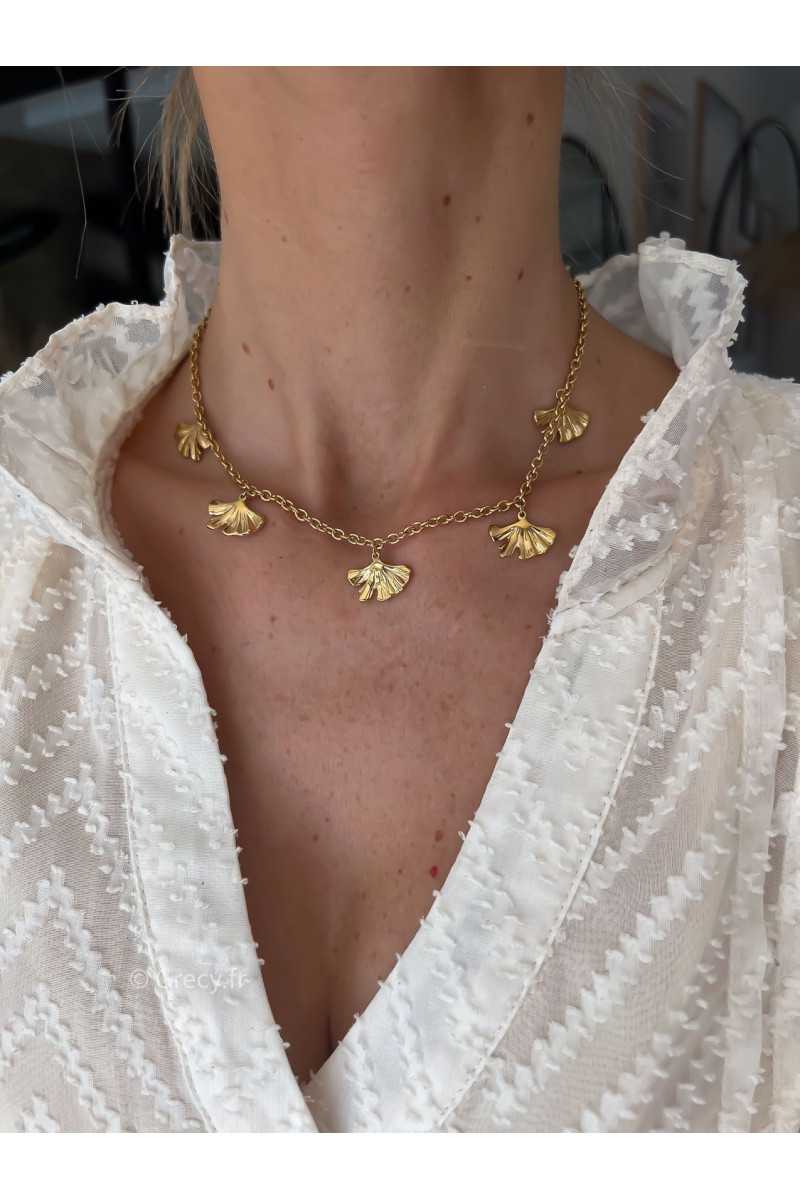collier feuilles de ginkgo doré or grecy bijoux acier inoxydable