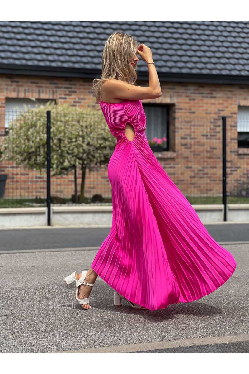 robe longue rose fuchsia plissée asymétrique grecy mango une bretelle manche cérémonie soirée gala chic tenue look