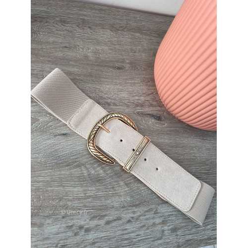 Ceinture beige élastique boucle ronde dorée grecy
