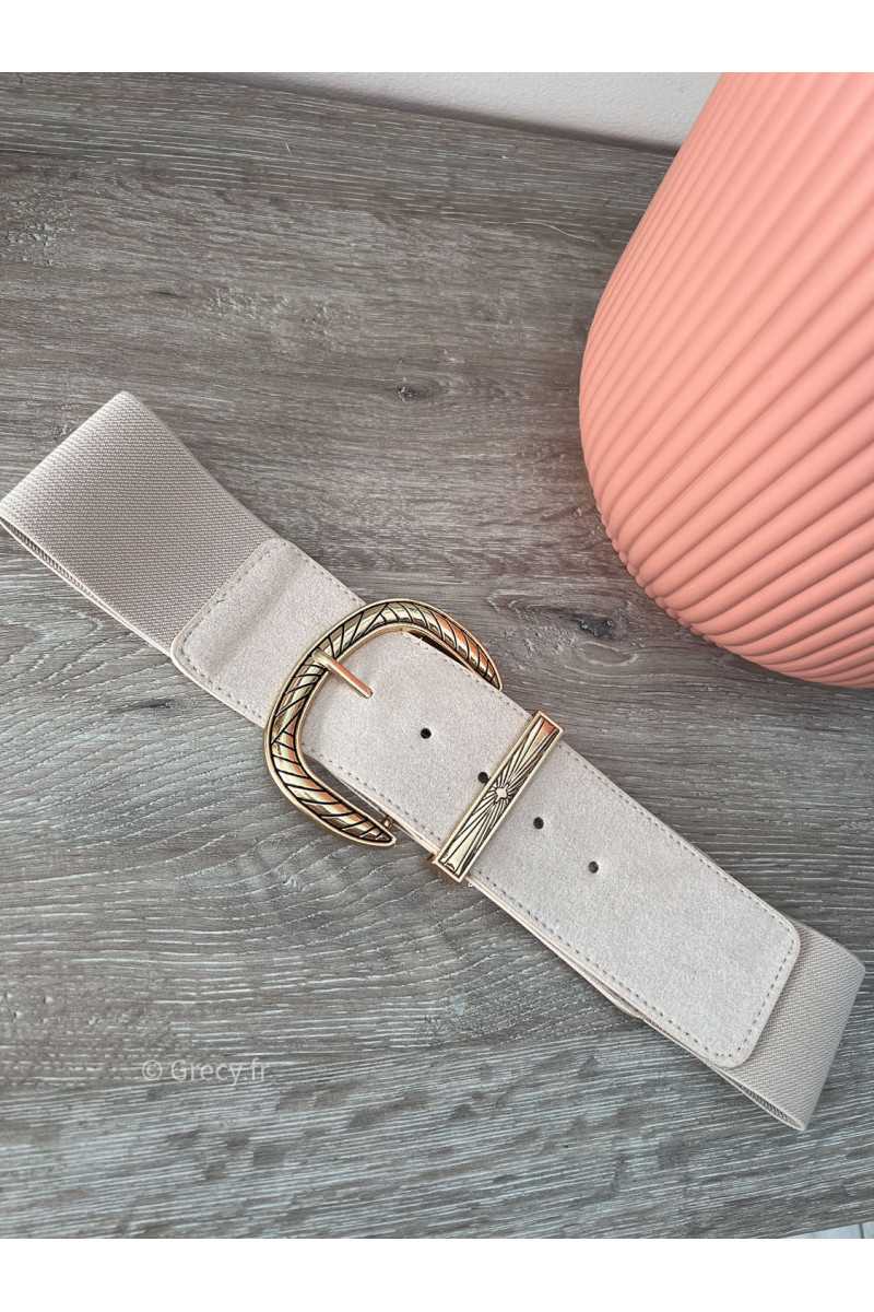 Ceinture beige élastique boucle ronde dorée grecy