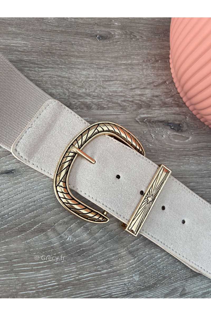 Ceinture beige élastique boucle ronde dorée grecy