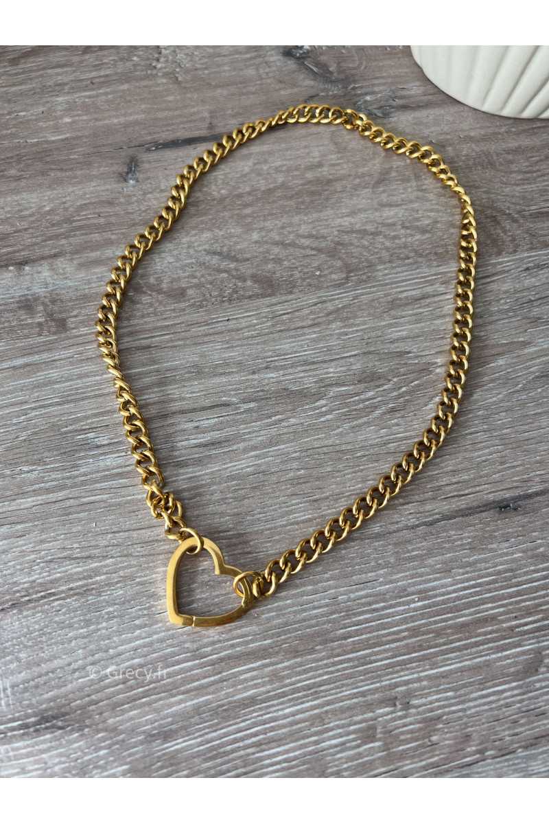 Collier fermoir coeur acier doré acier inoxydable grecy