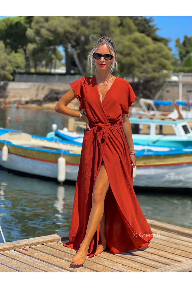 Robe longue terracotta manches courtes fendue grecy été mode tendance cérémonie mariage chic zara mango