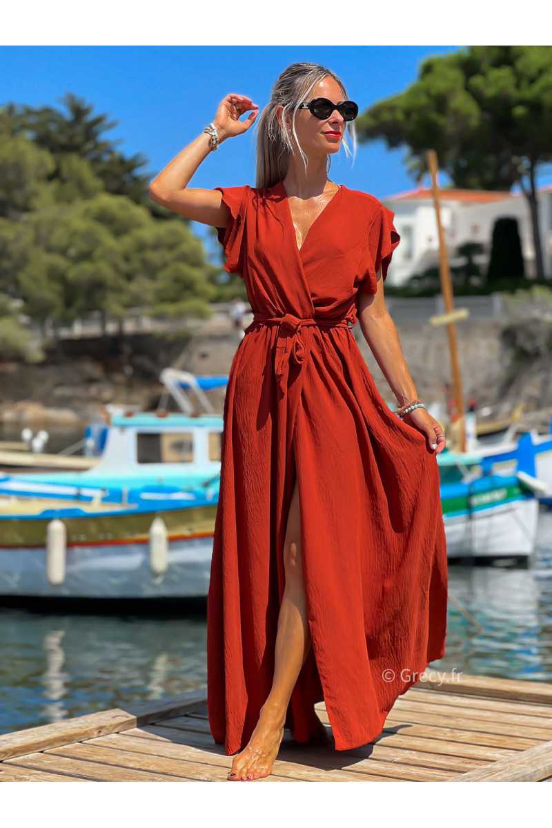 Robe longue terracotta manches courtes fendue grecy été mode tendance cérémonie mariage chic zara mango