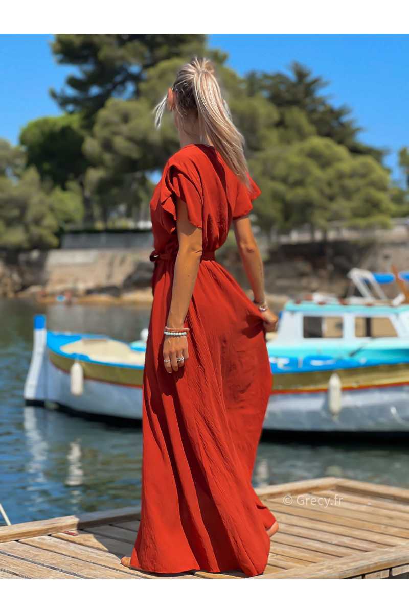 Robe longue terracotta manches courtes fendue grecy été mode tendance cérémonie mariage chic zara mango