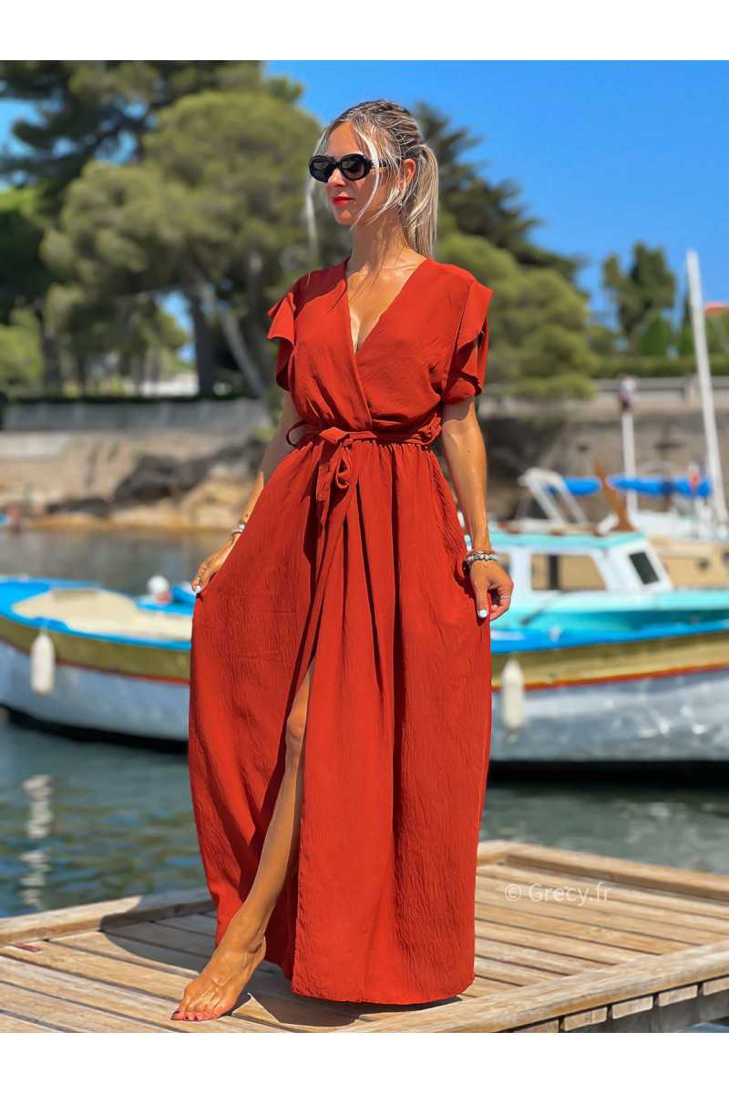 Robe longue terracotta manches courtes fendue grecy été mode tendance cérémonie mariage chic zara mango