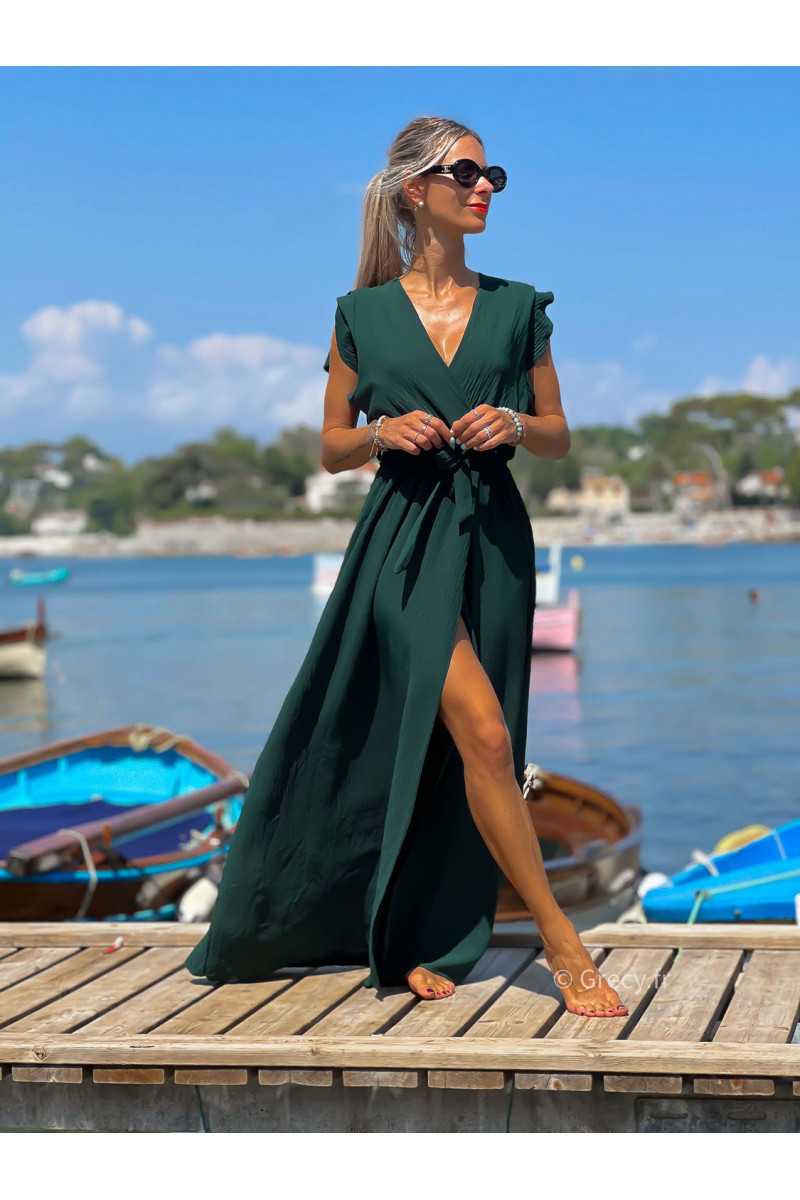 Robe longue vert sapin manches courtes fendue grecy été mode tendance cérémonie mariage chic zara mango