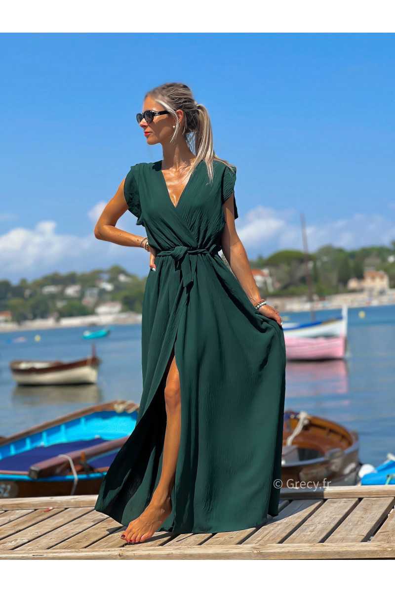 Robe longue vert sapin manches courtes fendue grecy été mode tendance cérémonie mariage chic zara mango