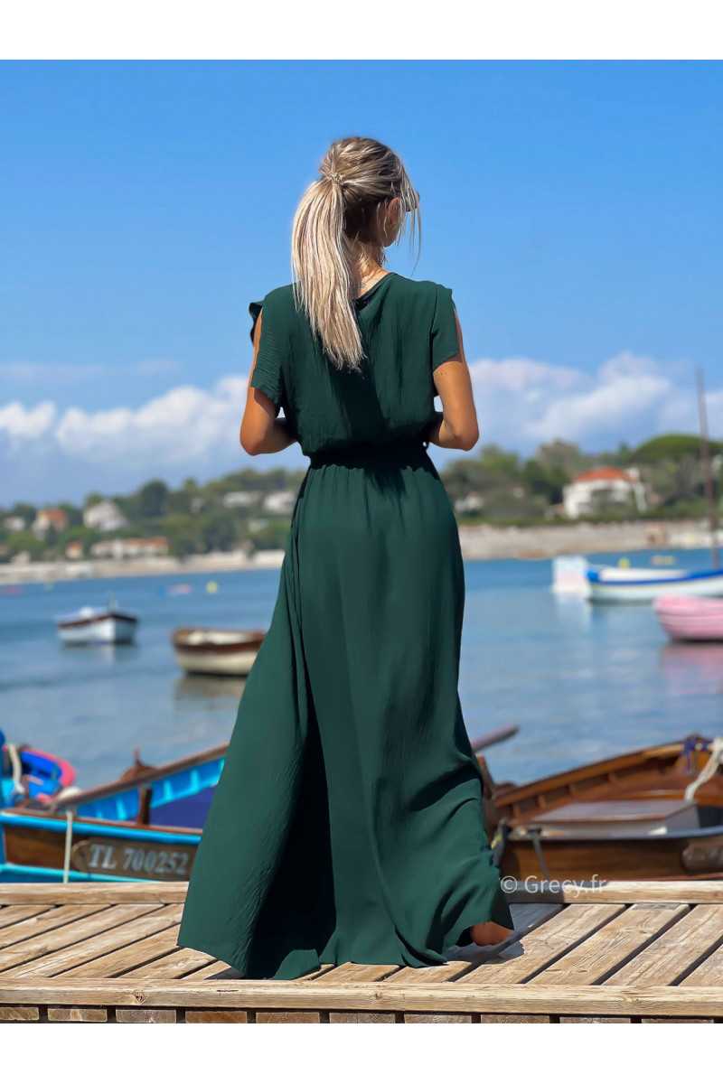 Robe longue vert sapin manches courtes fendue grecy été mode tendance cérémonie mariage chic zara mango