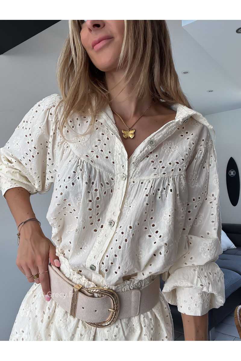 Chemise manches longues broderie beige blanc grecy chic