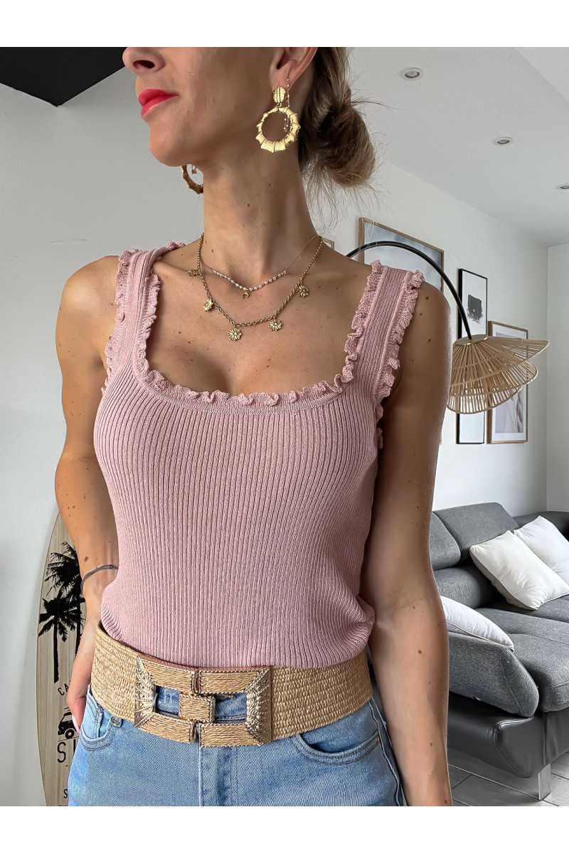 Débardeur rose maille côtelée grecy tendance mode intemporel volants top chic zara mango