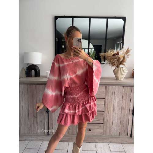 Ensemble Tie and Dye rose coton lin jupe blouse chemise manches amples Santiag look grecy tendance mode automne femme 2023