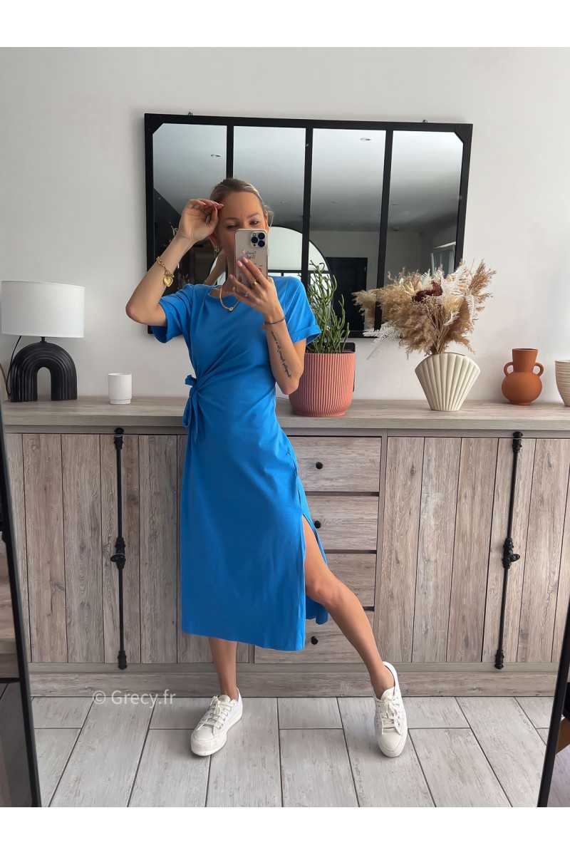 Robe Longue bleu t-shirt noeud fente grecy sezane mode tendance été automne femme 2023 casual look