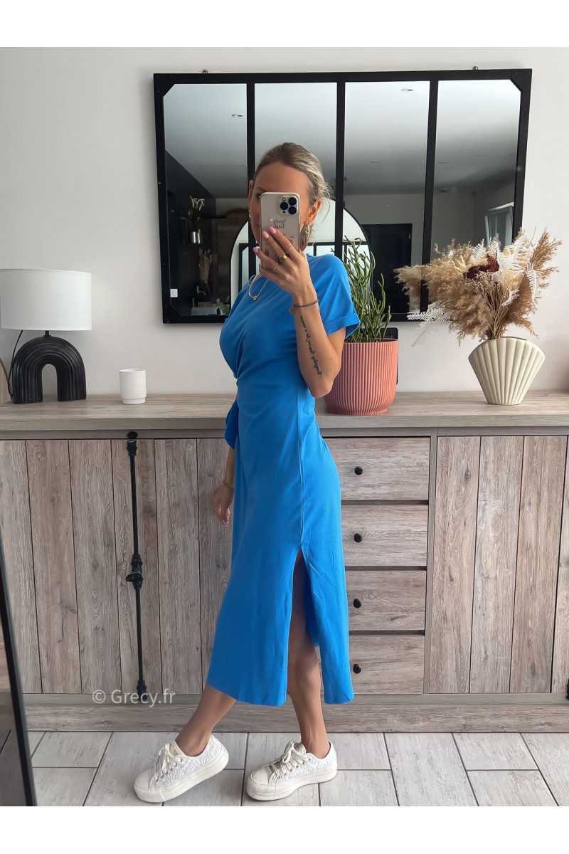 Robe Longue bleu t-shirt noeud fente grecy sezane mode tendance été automne femme 2023 casual look