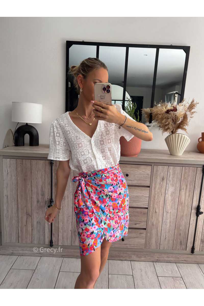 jupe porte-feuille fleurie noeud courte grecy mode femme tendance 2023 look