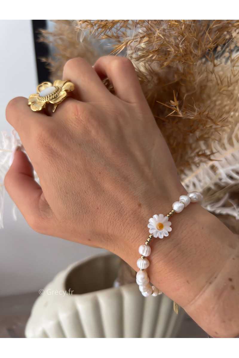 Bracelet perles blanches et marguerite grecy bijoux acier inoxydable été estival