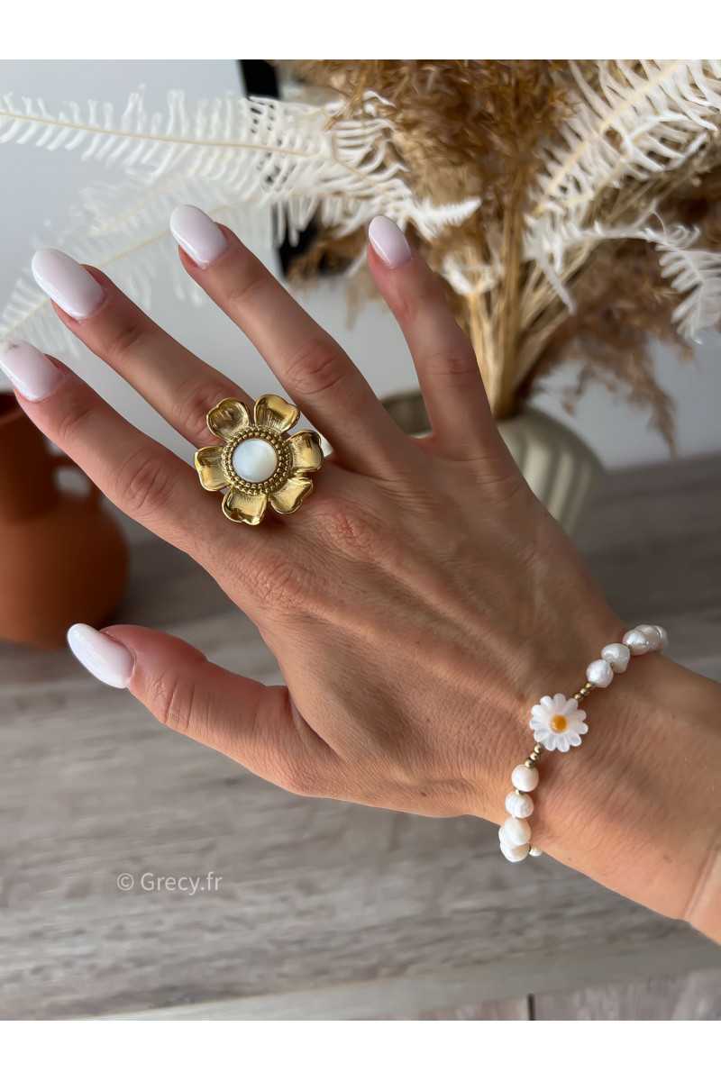 Bracelet perles blanches et marguerite grecy bijoux acier inoxydable été estival