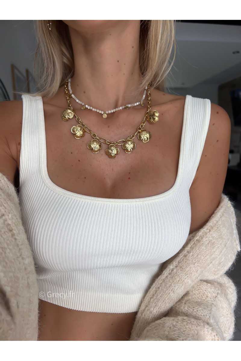 collier court perles blanches pampilles dorées or acier inoxydable bijoux grecy