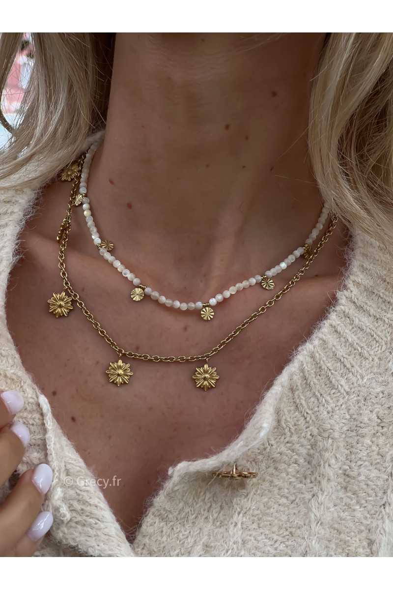 collier court perles blanches pampilles dorées or acier inoxydable bijoux grecy