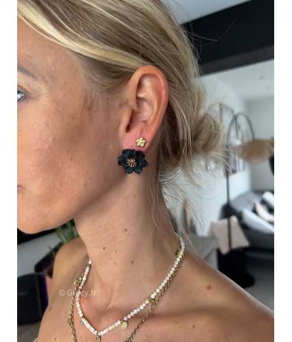 Boucles d'oreilles fleurs noires bijoux doré acier inoxydable grecy mode tendance