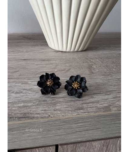 Boucles d'oreilles fleurs noires bijoux doré acier inoxydable grecy mode tendance
