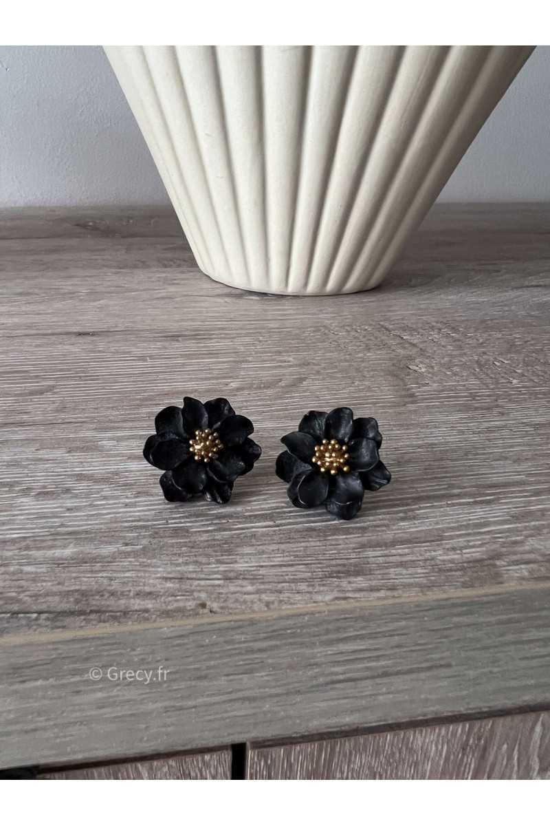 Boucles d'oreilles fleurs noires bijoux doré acier inoxydable grecy mode tendance