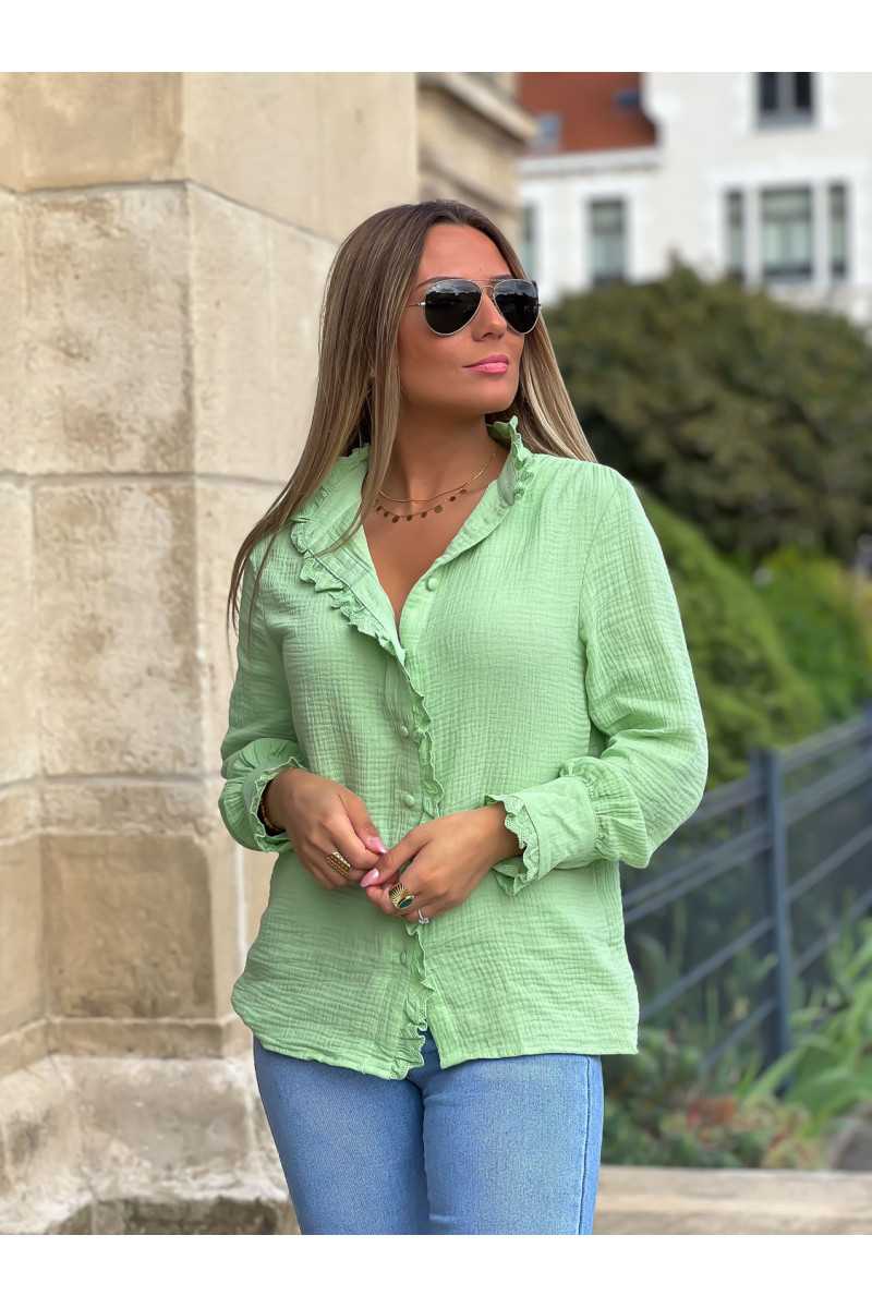 chemise gaze de coton vert volants broderies chic tendance mode grecy