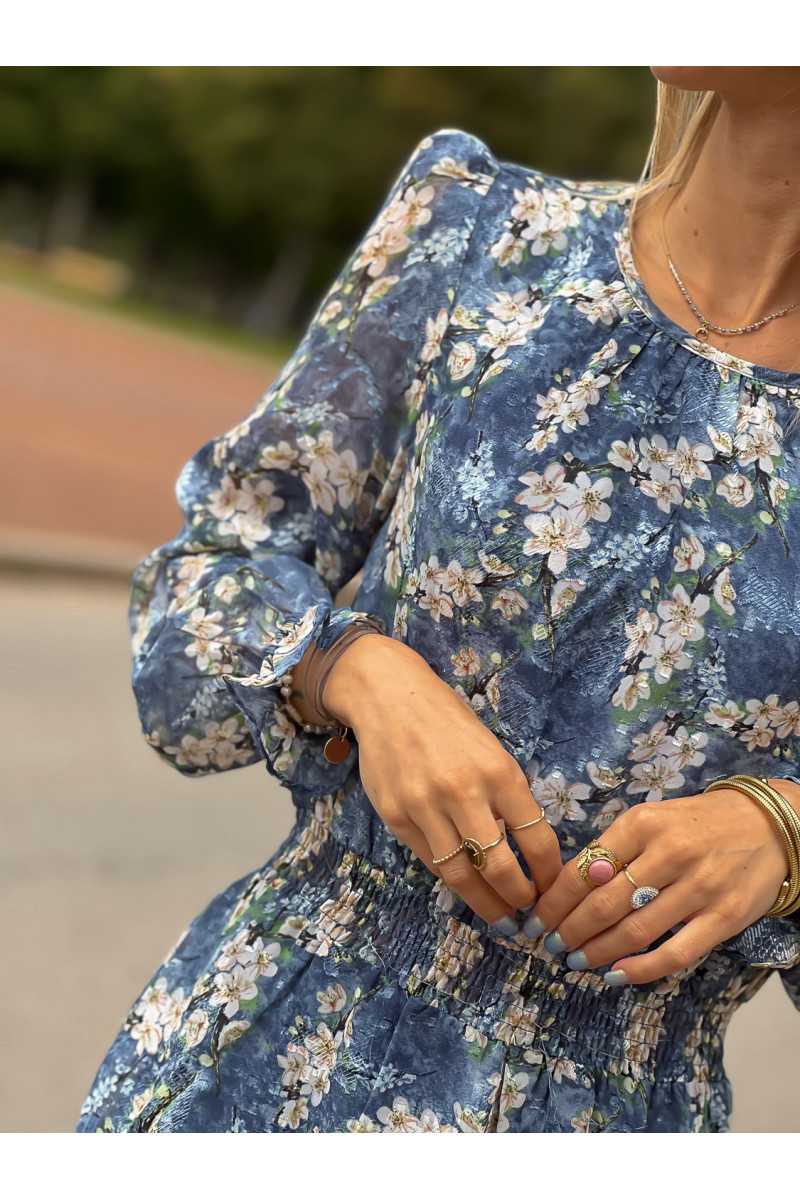 Robe portefeuille courte imprimé bleu fleurie automne mode tendance grecy