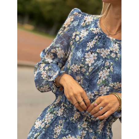 Robe fleurie bleue manches longues taille elastique Couleur bleu Taille S M