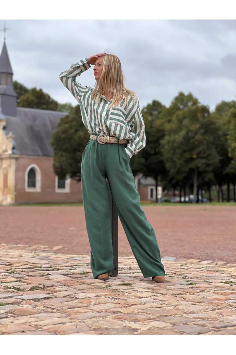 pantalon fluide vert sapin ensemble chemise rayures verte automne hiver mode tendance grecy