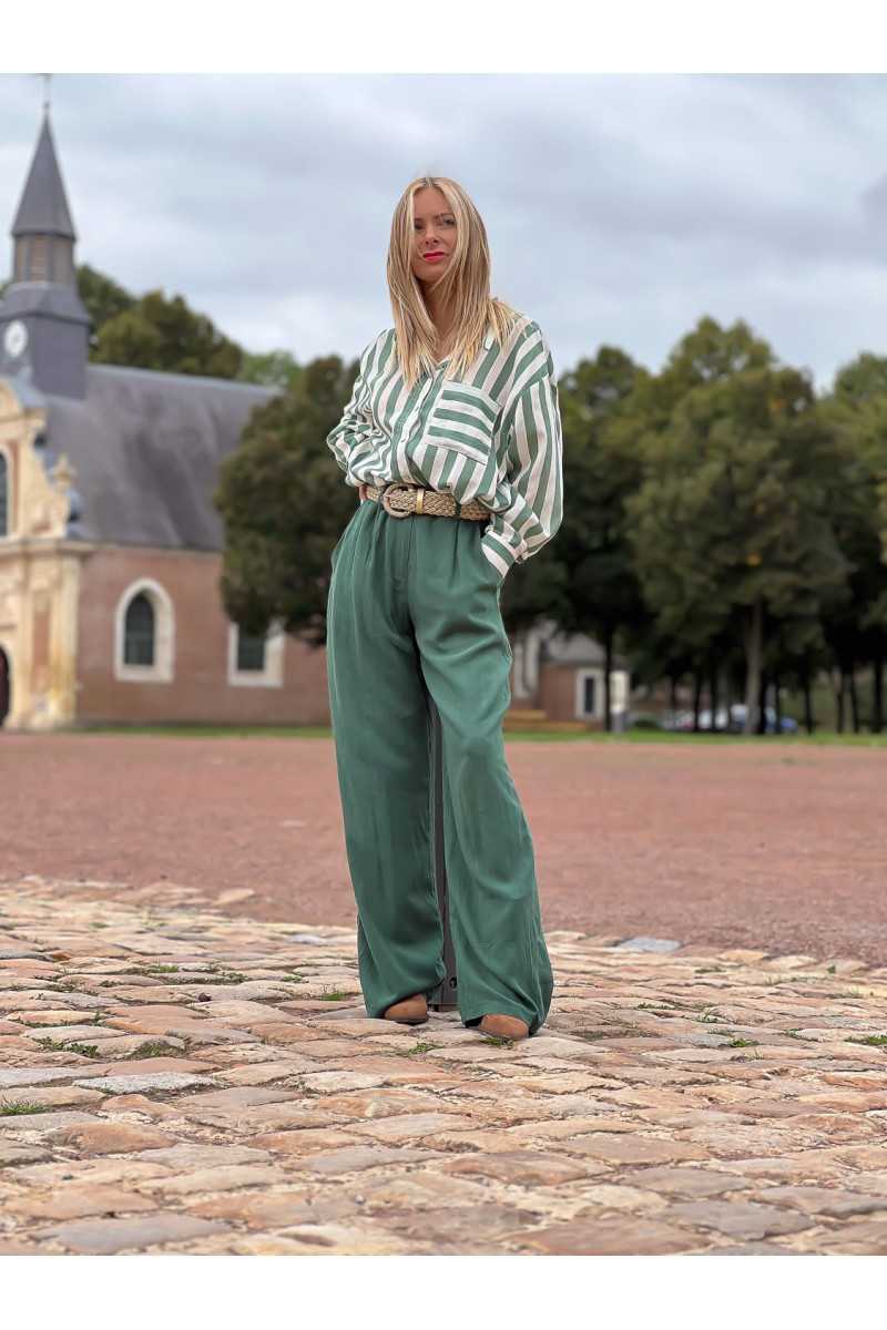 pantalon fluide vert sapin ensemble chemise rayures verte automne hiver mode tendance grecy