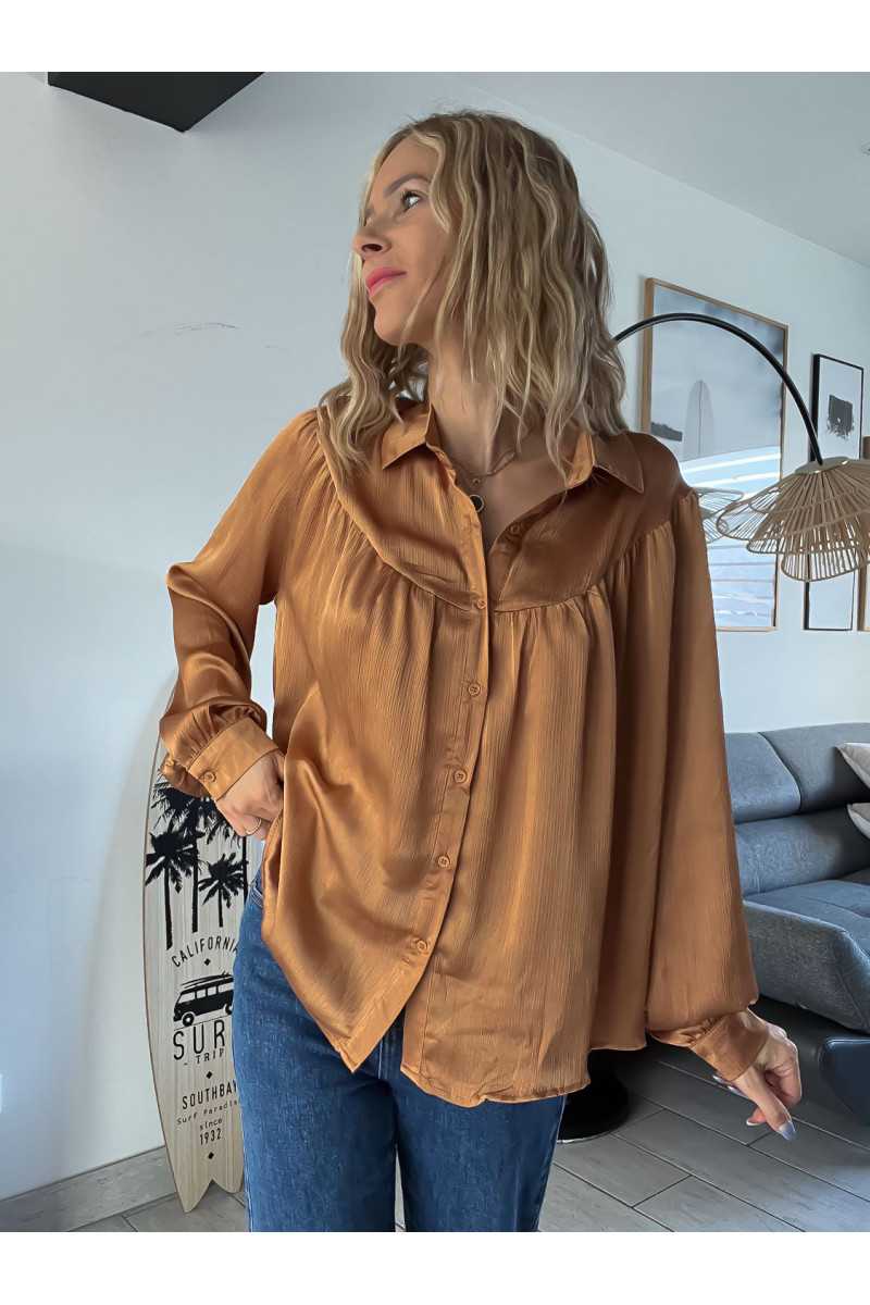 Blouse chemise camel manches longues gold or tendance fêtes grecy mode