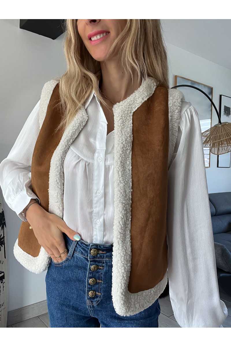 veste gilet sans manches camel fausse fourrure chaud mode tendance blouse automne hiver grecy