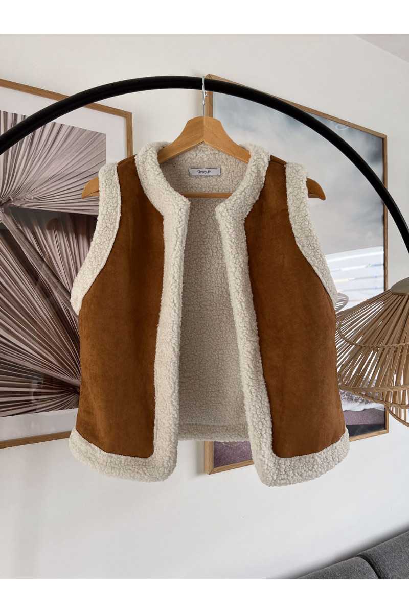 veste gilet sans manches camel fausse fourrure chaud mode tendance blouse automne hiver grecy