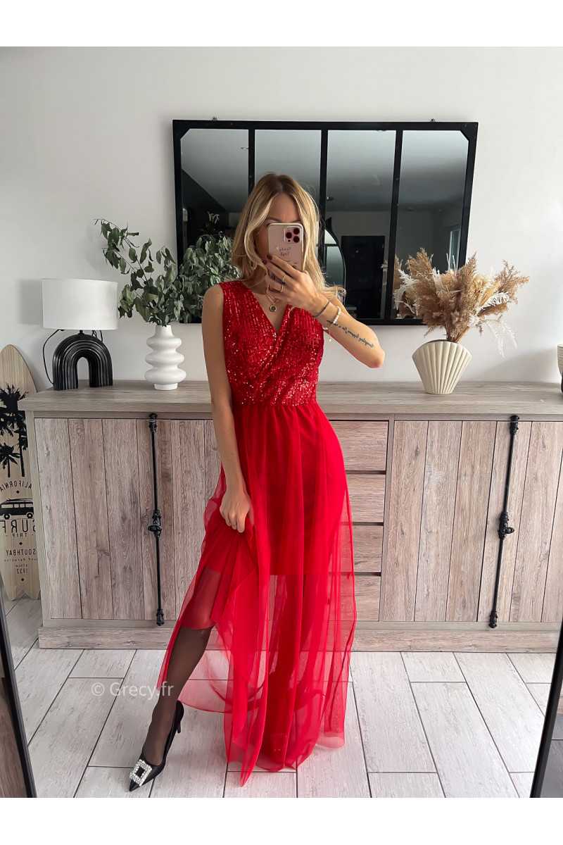 robe longue sequins rouge voile noël nouvel an mode tendance grecy outfit blogueuse chic